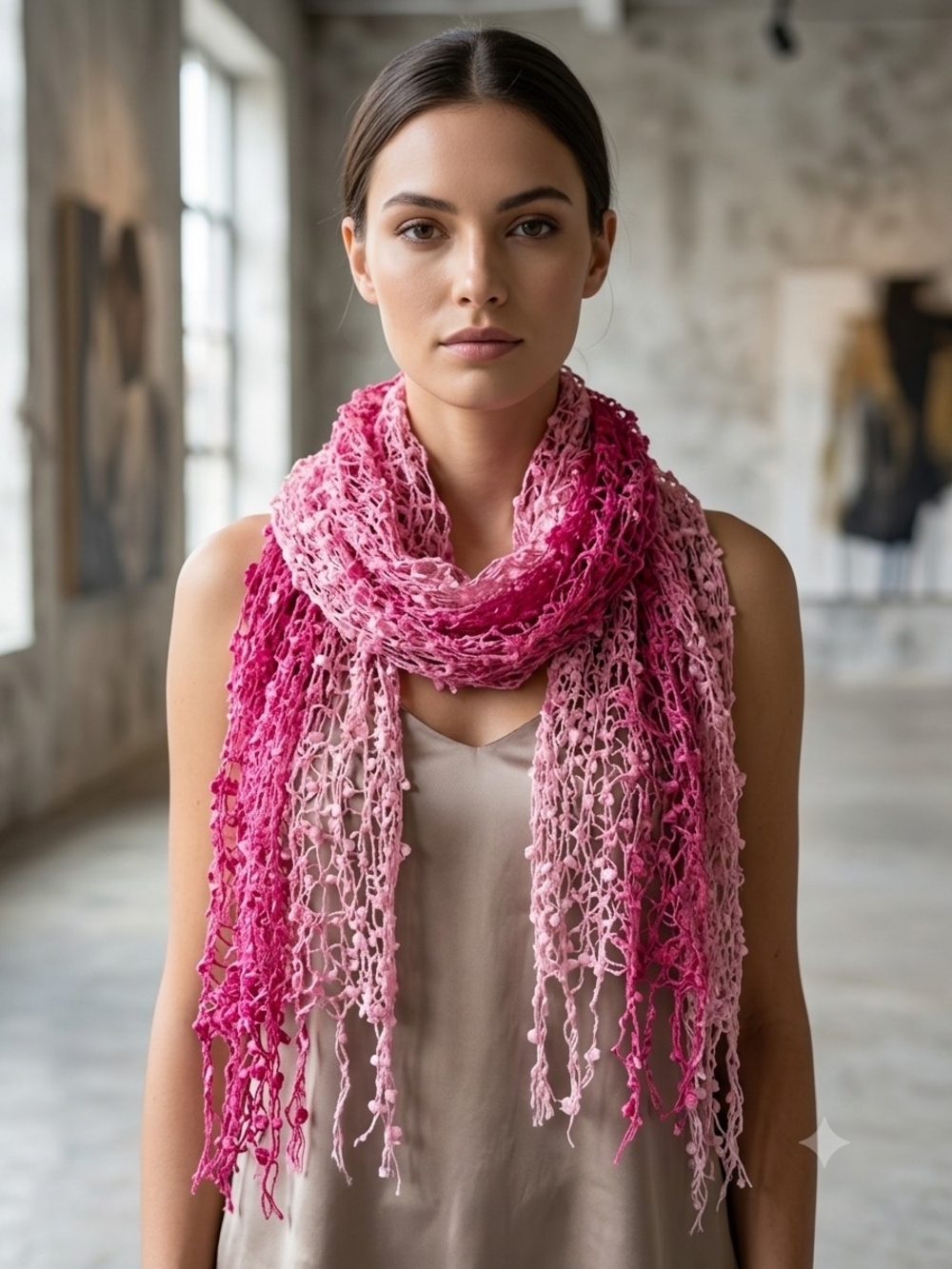 Ombré Pink Ladder Yarn Scarf – Lightweight Open-Knit Mesh Scarf